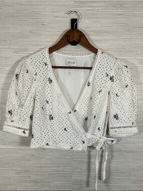 SAYLOR Angelina White Eyelet Wrap Crop Top with Blue Floral Embroidery Medium